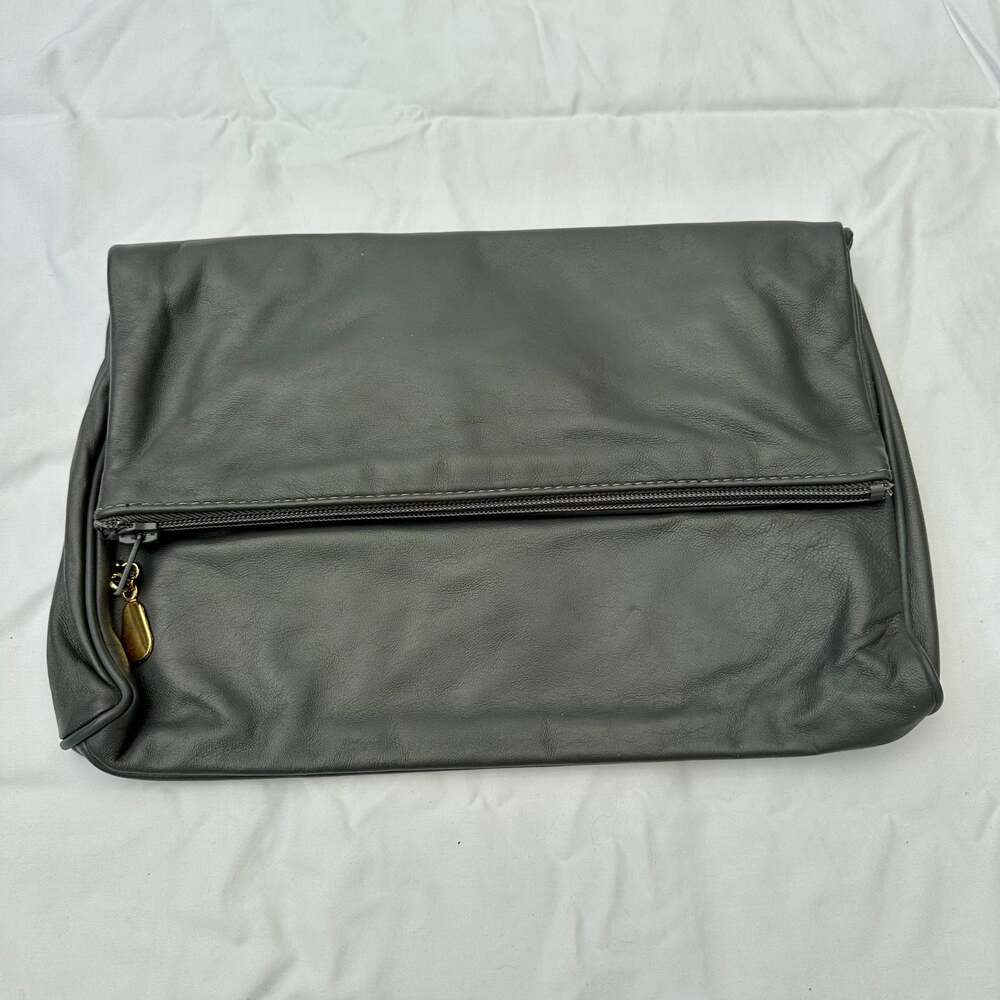 Vintage Gray Leather 1980s Fold-over Clutch Purse, Valerie brand made in Italy